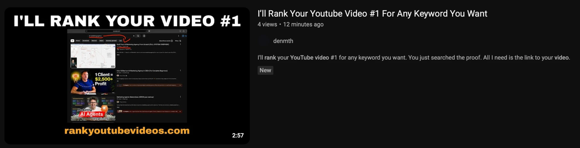 YouTube search result showing rankyoutubevideos.com at #1 for 'rank youtube videos'