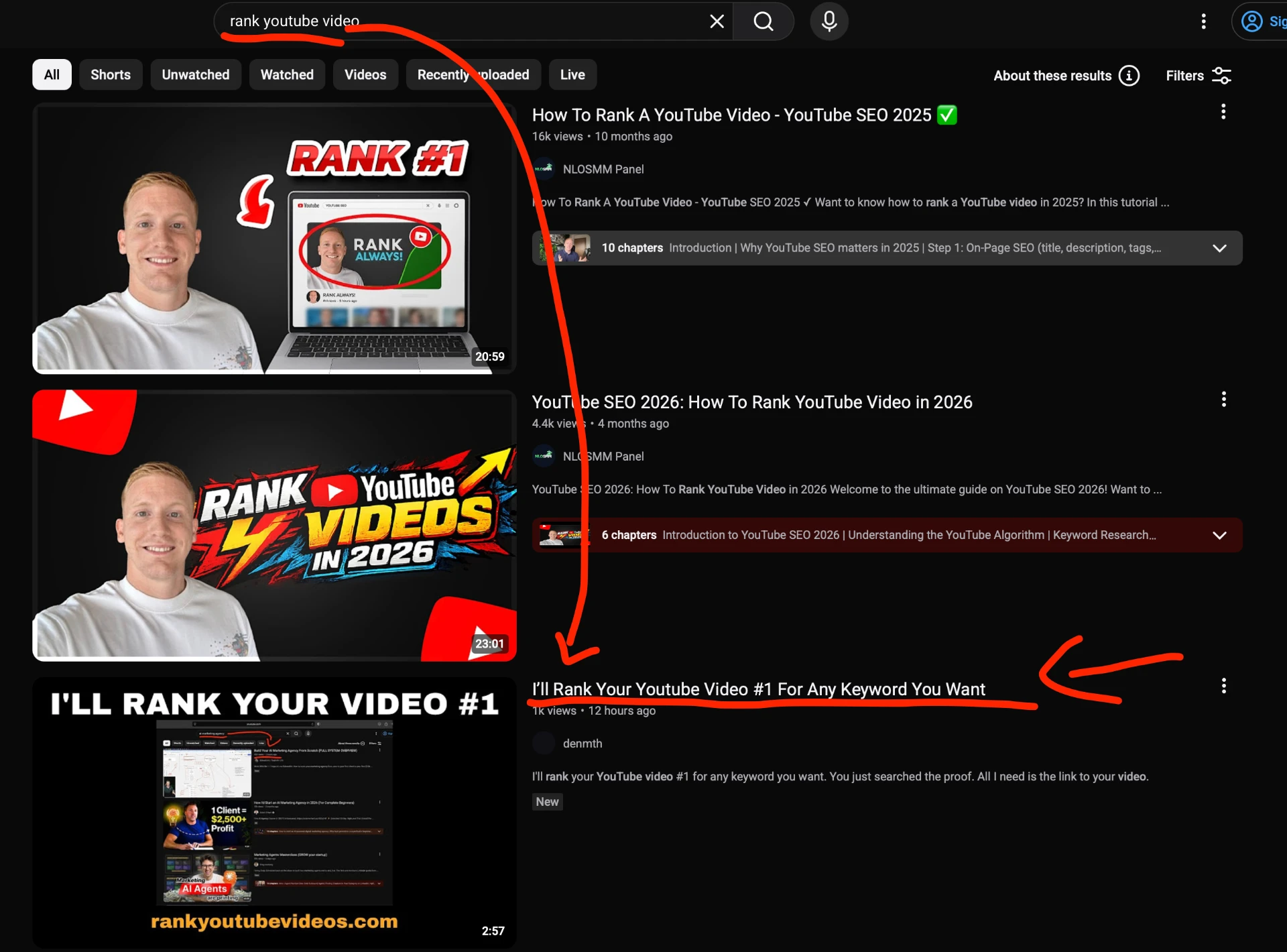 YouTube search result showing rankyoutubevideos.com for 'rank youtube  video'